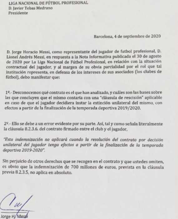 El padre de Messi contesta a LaLiga y desvela la cláusula que permite liberar al jugador