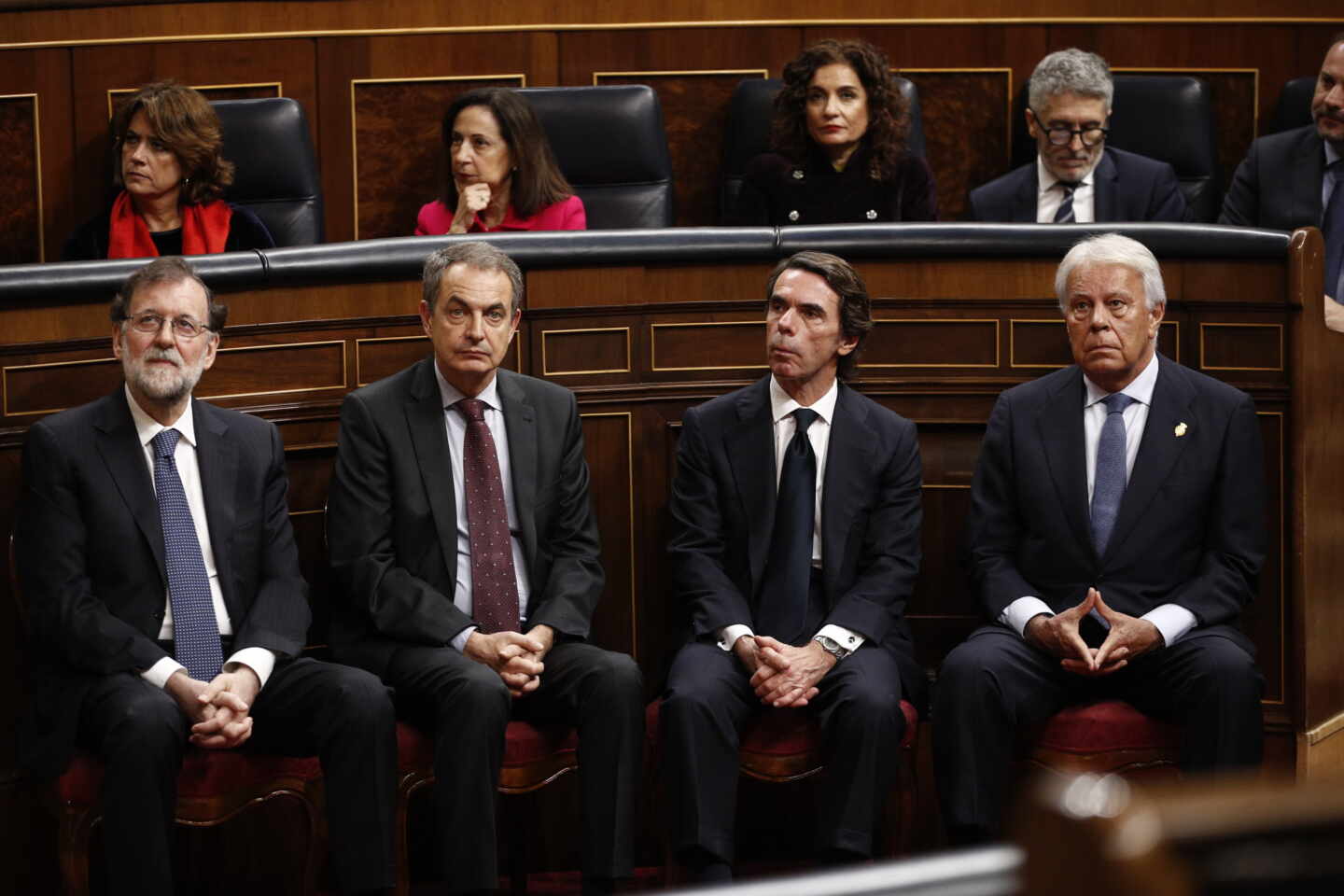 Los ex presidentes del Gobierno Mariano Rajoy, José Luis Rodríguez Zapatero, José María Aznar y Felipe González en el acto conmemorativo del 40º aniversario de la Constitución.