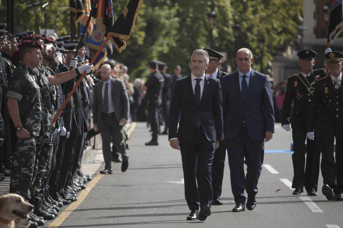 El ministro Fernando Grande-Marlaska y el director general de la Policía Nacional, Francisco Pardo Piqueras, pasando revista a unidades policiales.