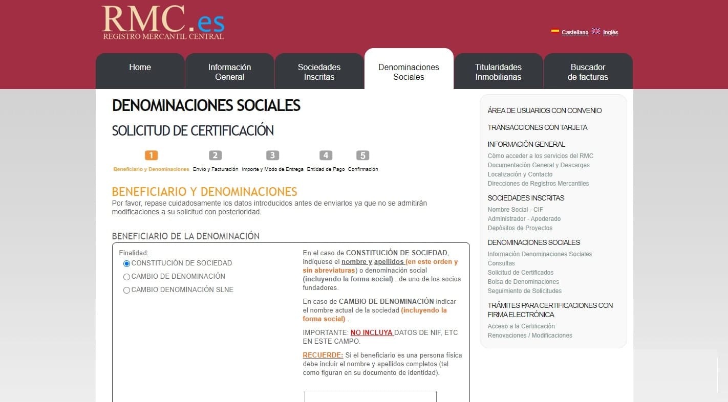 web registro nombre empresa