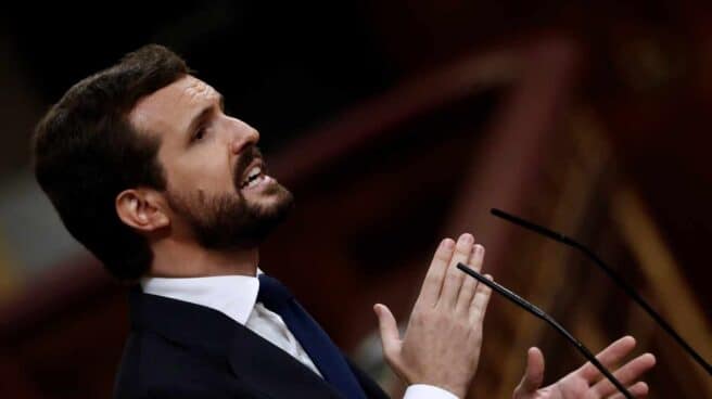 El líder del PP, Pablo Casado, interviene en el debate de moción de censura.