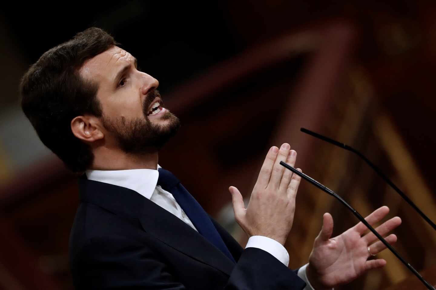 El líder del PP, Pablo Casado, interviene en el debate de moción de censura.