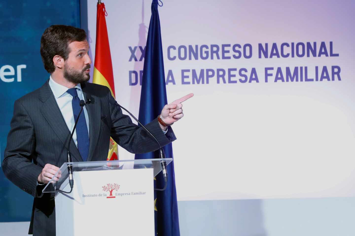 El presidente del PP, Pablo Casado, en el 23 Congreso Nacional de la Empresa Familiar.