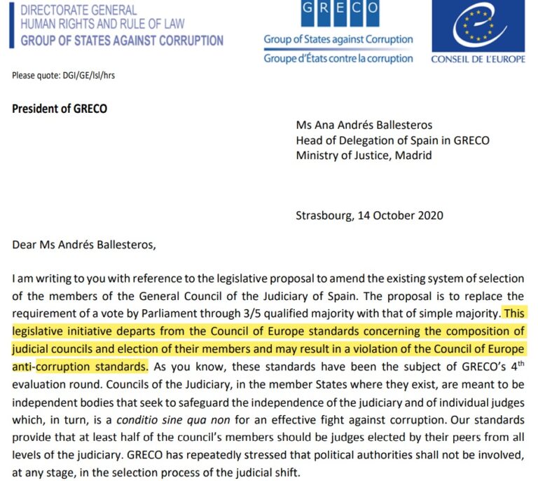 El GRECO advierte al Gobierno de que la reforma del CGPJ puede "violar las normas del Consejo de Europa"