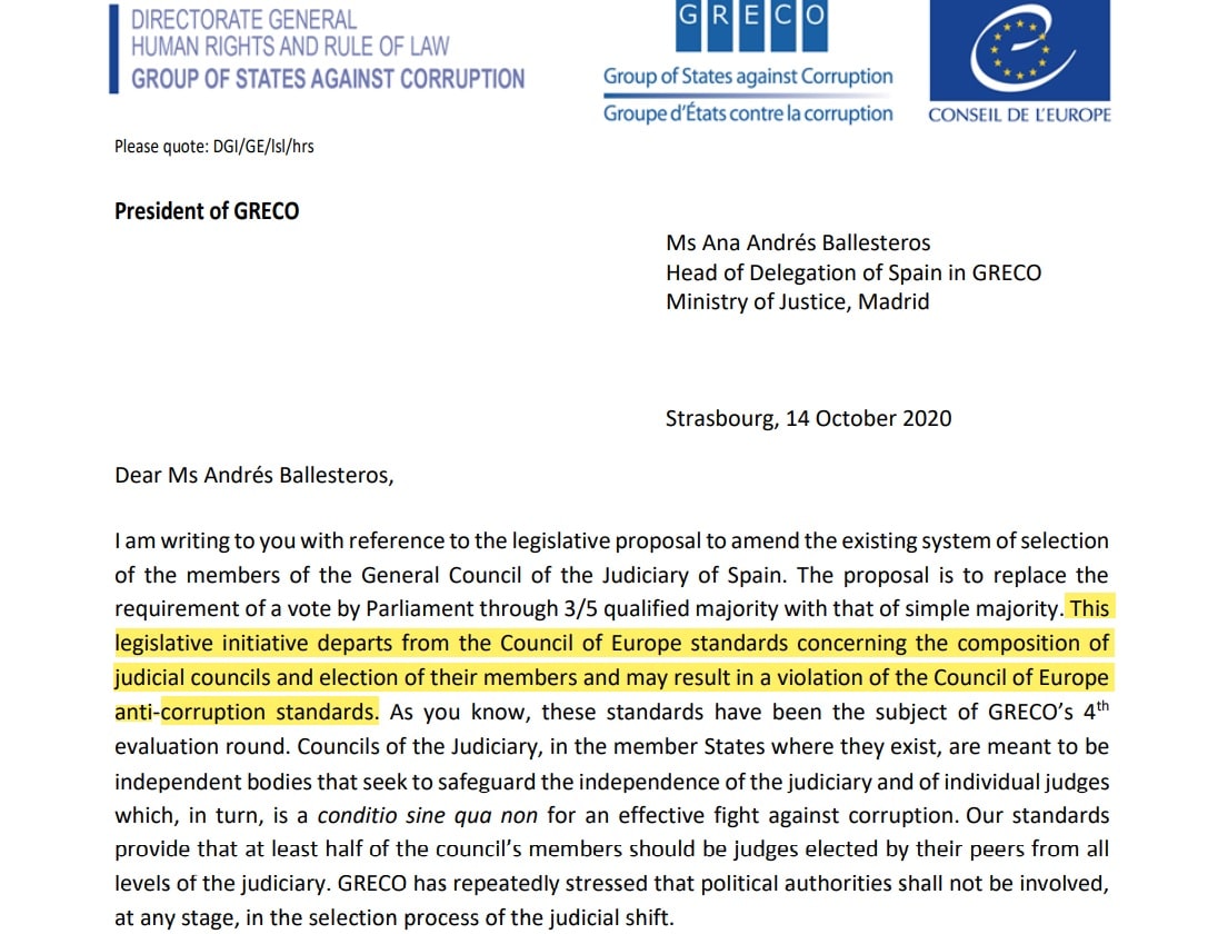 El GRECO advierte al Gobierno de que la reforma del CGPJ puede "violar las normas del Consejo de Europa"