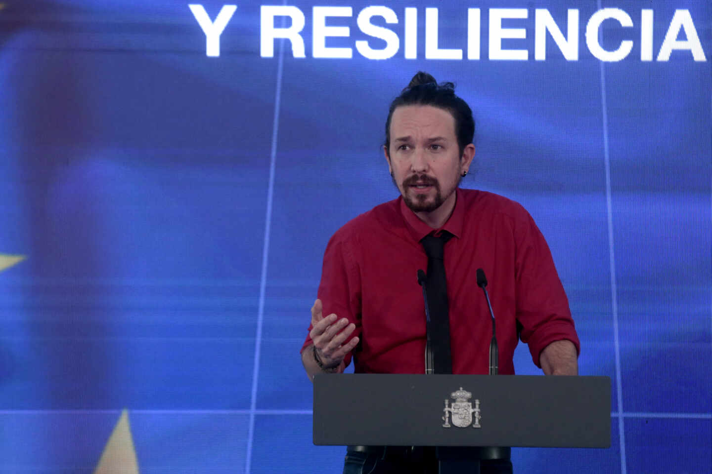 El vicepresidente segundo, Pablo Iglesias, en la presentación del Plan de Recuperación.