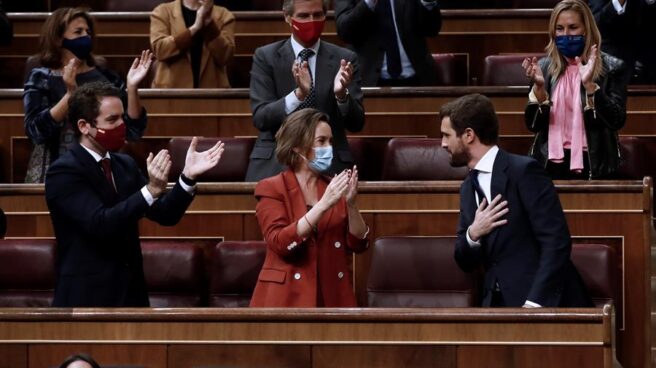 El líder del PP, Pablo Casado, tras su intervención en la moción de censura.