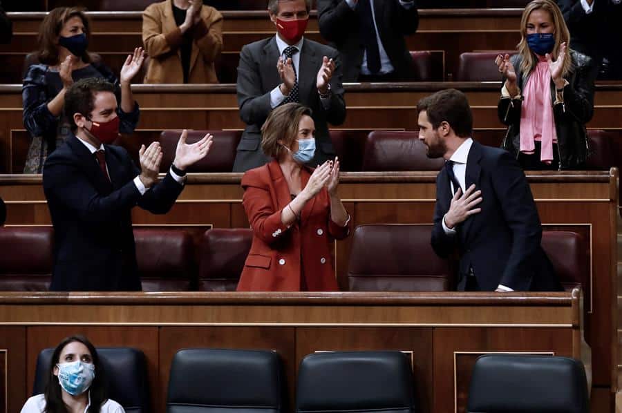 El líder del PP, Pablo Casado, tras su intervención en la moción de censura.