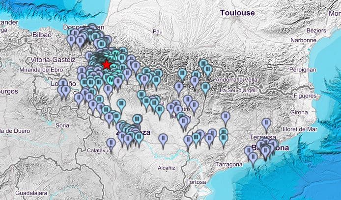 Ubicaciones en las que se ha podido percibir el terremoto de 4,6 grados con epicentro en Lizoáin, cerca de Pamplona.