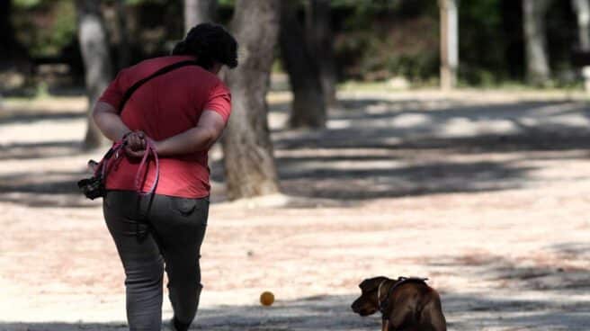 Mujer paseando un perro.