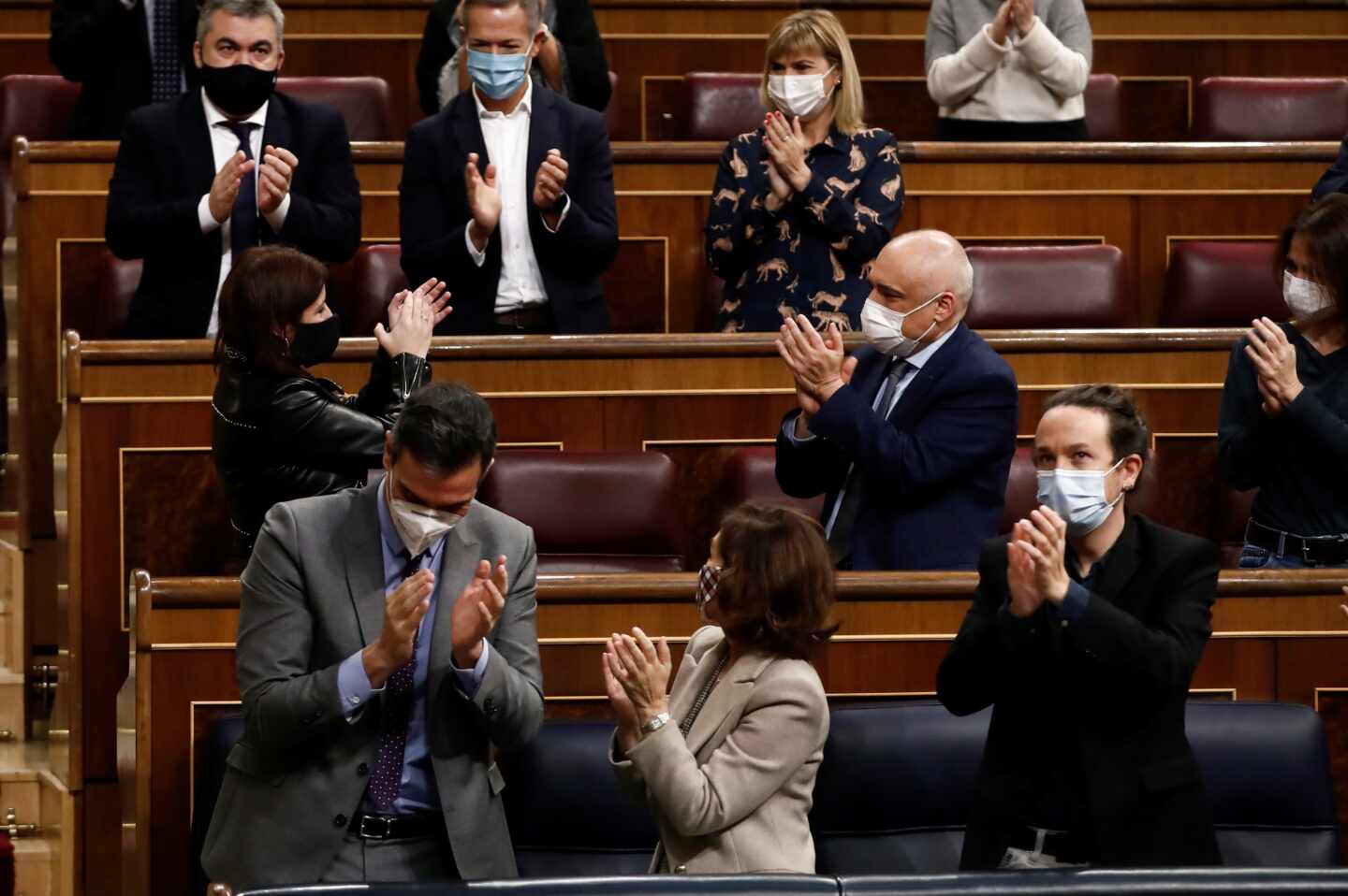 Sánchez, Calvo e Iglesias, en el debate de Presupuestos.