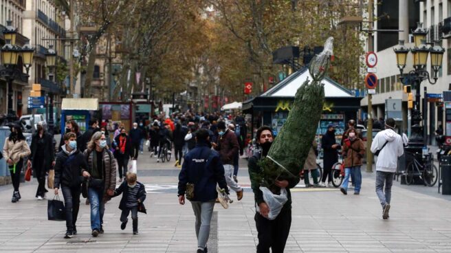 Una persona transporta un árbol de navidad por las Ramblas de Barcelona.