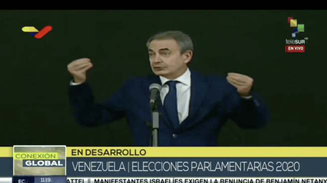El expresidente del Gobierno, José Luis Rodríguez Zapatero, en una intervención en ‘Telesur’ para hablar de las elecciones venezolanas. El expresidente del Gobierno, José Luis Rodríguez Zapatero, en una intervención en ‘Telesur’ para hablar de las elecciones venezolanas.