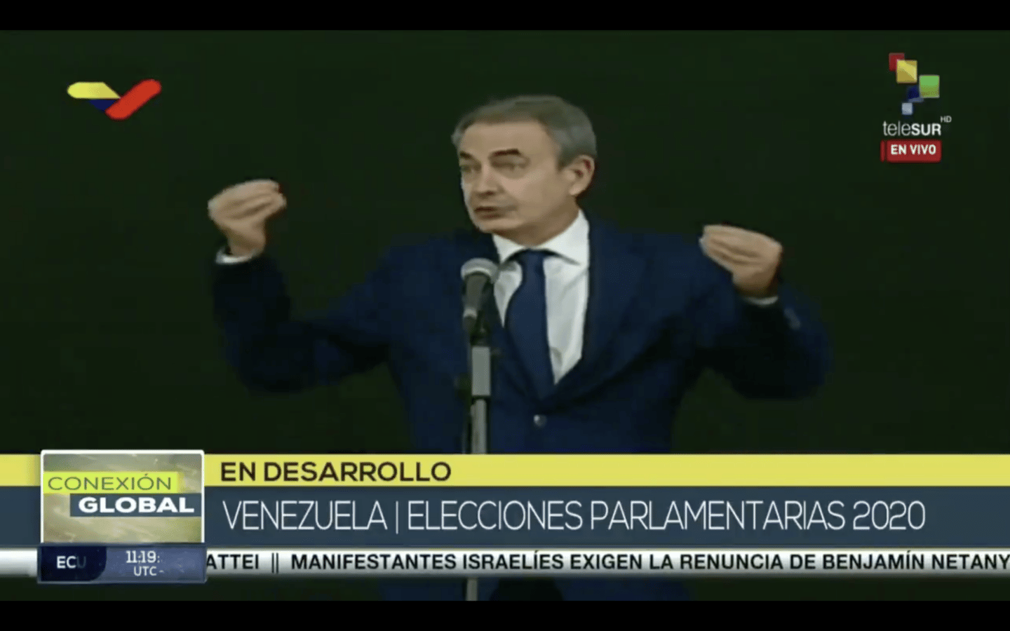 El expresidente del Gobierno, José Luis Rodríguez Zapatero, en una intervención en ‘Telesur’ para hablar de las elecciones venezolanas.