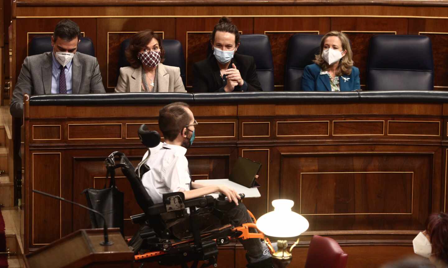 Carmen Calvo, Pablo Iglesias, Nadia Calviño y Pablo Echenique, en el Congreso de los Diputados.