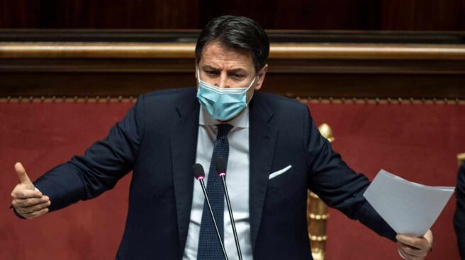 El primer ministro saliente italiano, Giuseppe Conte durante un debate en el Senado en Roma, Italia.