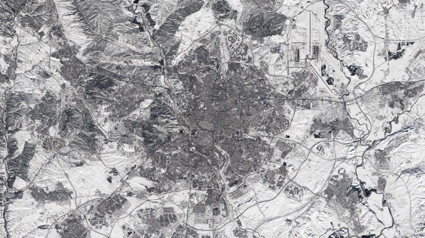 Imagen de satélite de Madrid cubierto de nieve