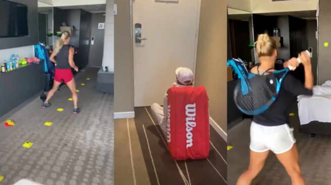 Yulia Putintseva, entrenando como puede en la habitación de hotel