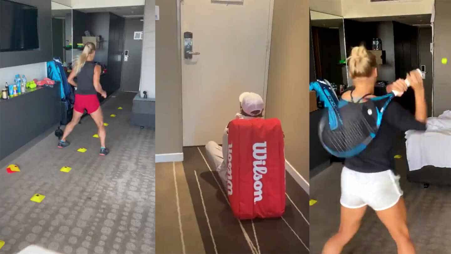 Yulia Putintseva, entrenando como puede en la habitación de hotel