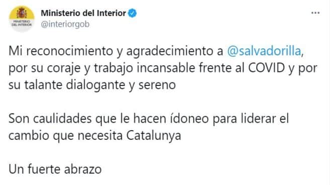 Tuit del ministerio del Interior, posteriormente borrado, en el que Marlaska promocionaba la imagen de Illa en Cataluña.