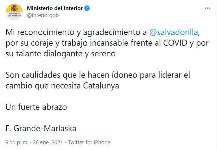 Tuit del ministerio del Interior, posteriormente borrado, en el que Marlaska promocionaba la imagen de Illa en Cataluña.