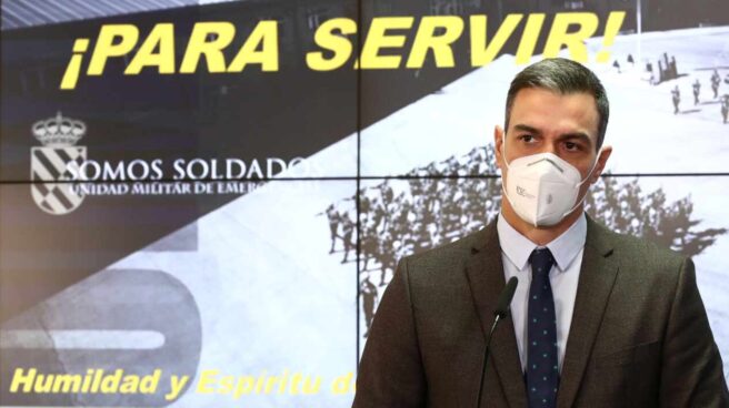 El presidente del Gobierno, Pedro Sánchez, durante su intervención en una visita a la base de la UME en Torrejón de Ardoz (Madrid).