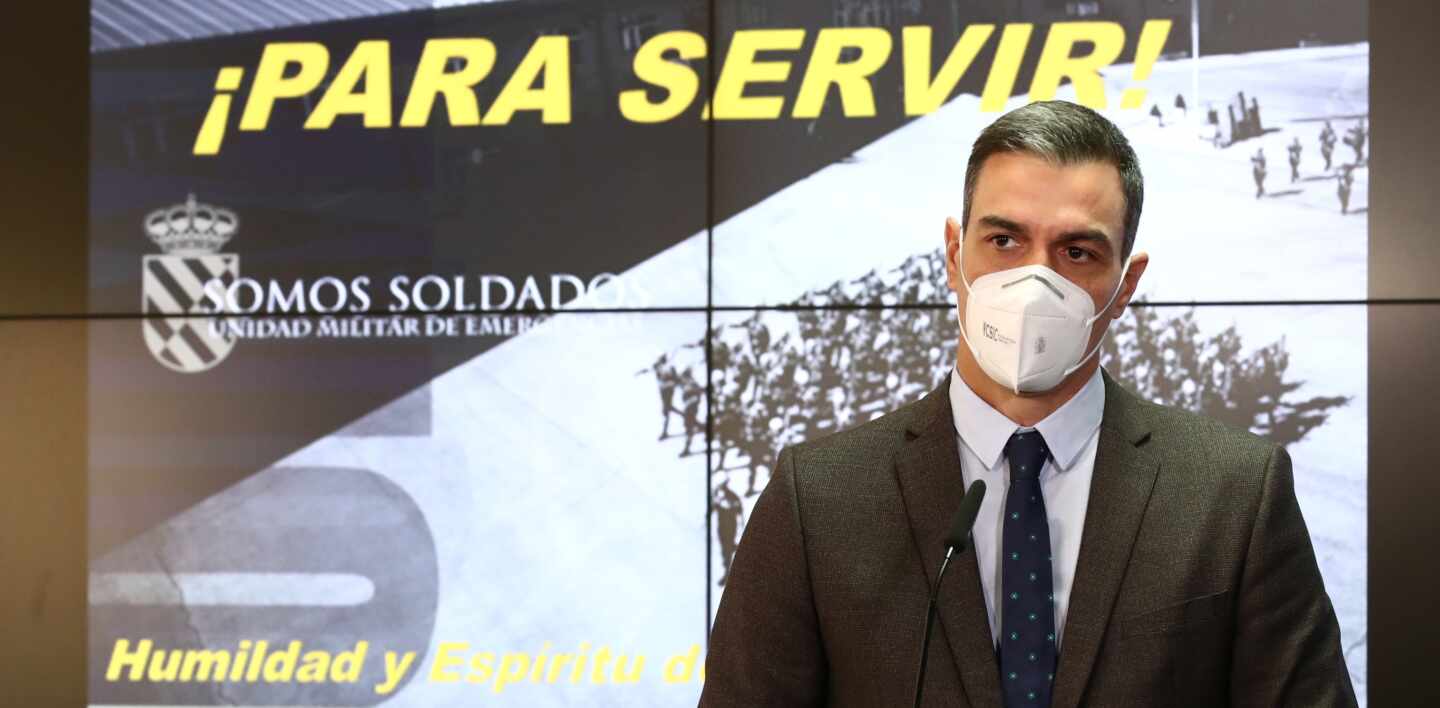 El presidente del Gobierno, Pedro Sánchez, durante su intervención en una visita a la base de la UME en Torrejón de Ardoz (Madrid).