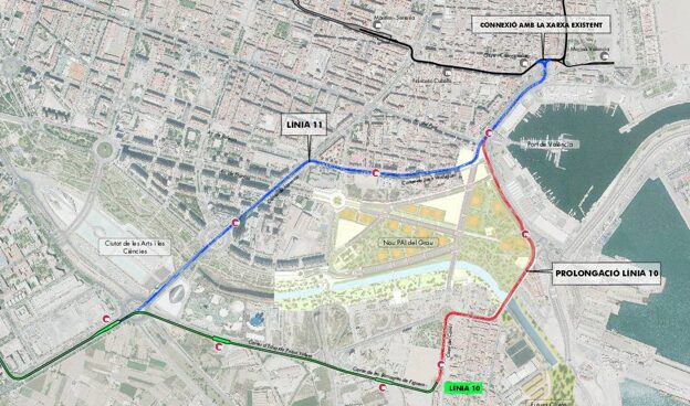 Plano de la ampliación de las líneas 10 y 11 del tranvía de Valencia
