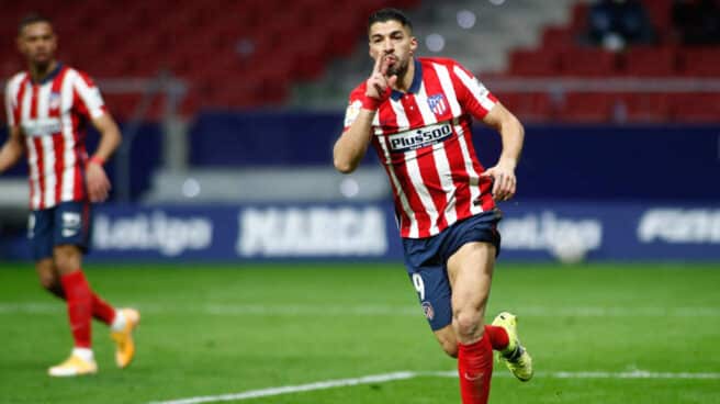 Luis Súarez, jugador del Atlético, que se ha bajado de la Superliga Luis Suárez, jugador del Atlético de Madrid, celebra un gol en el estadio Wanda Metropolitano