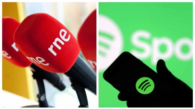 Un micro de Radio Nacional y un móvil con la app de Spotify