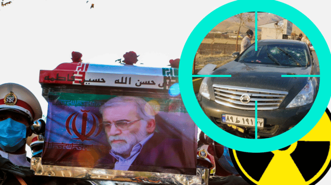 asesinato-irani-mohsen-fakhrizadeh Imagen de Mohsen Fakhrizadeh en su entierro con un detalle de la escena del crimen