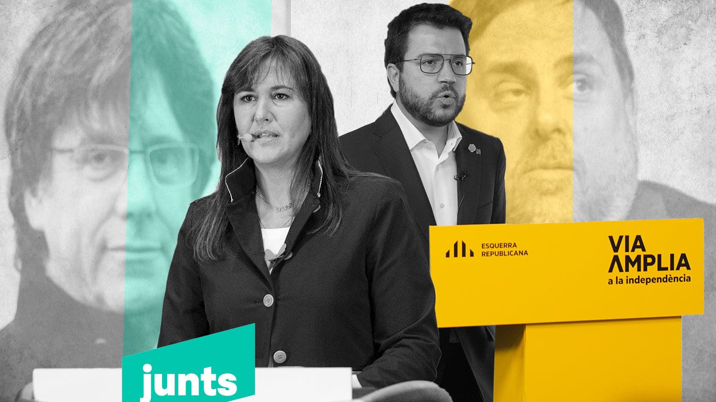 Imagen de Laura Borrás, candidata de Junts con Puigdemont a la sombra y Pere Aragonès, candidato de ERC con la sombra de Junqueras