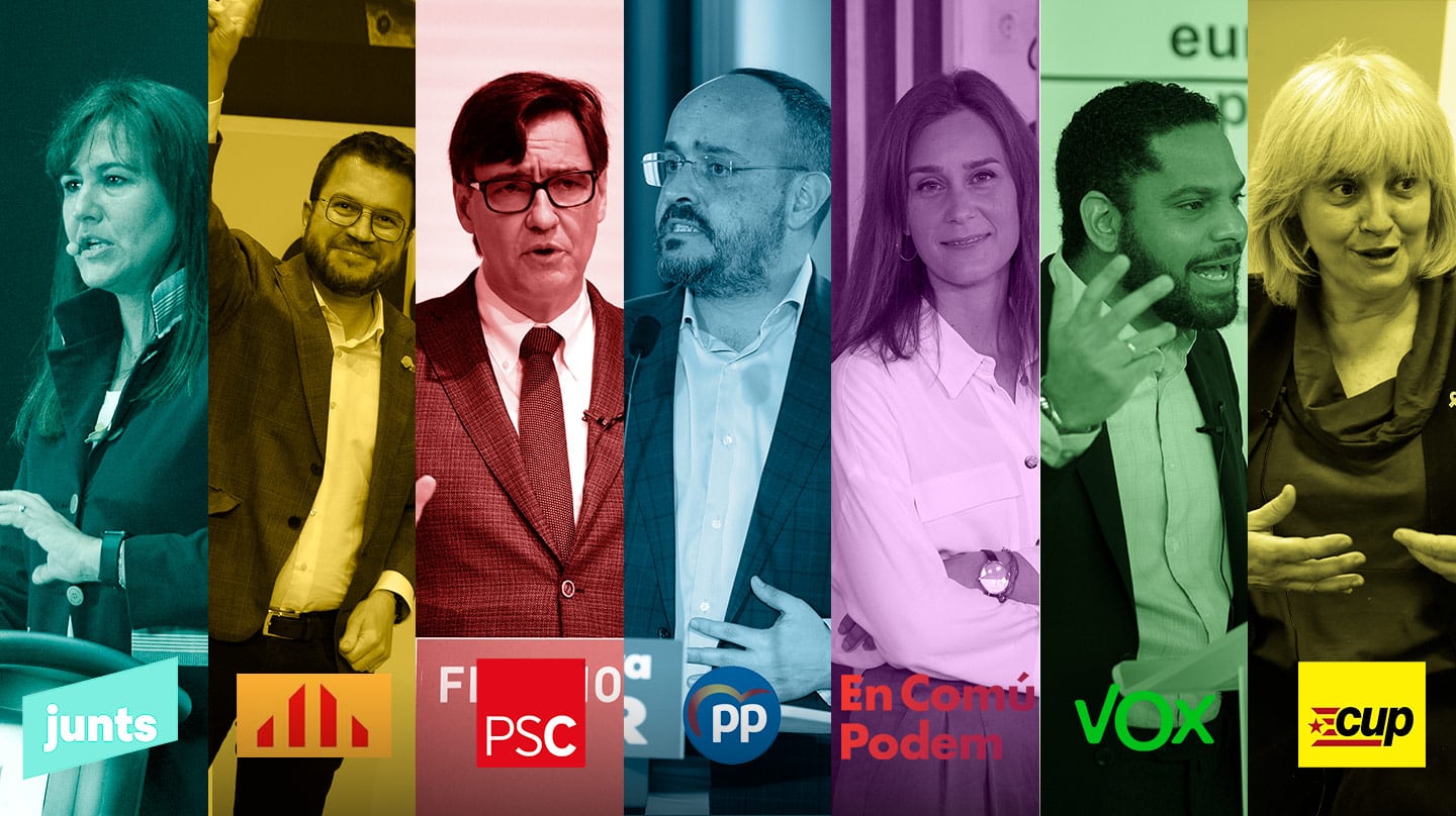 Imagen de los candidatos a las elecciones catalanas. De izquierda a derecha: Laura Borràs (Junts), Pere Aragonès (ERC), Salvador Illa (PSC), Alejandro Fernández (PP), Jéssica Albiach (En Comú), Ignacio Garriga (Vox) y Dolors Sabater (CUP)