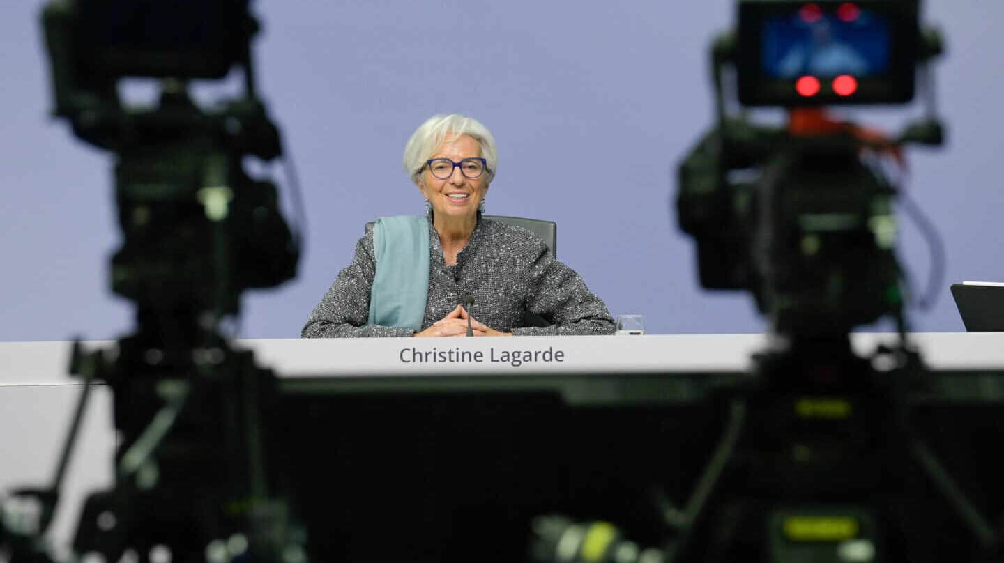 La presidenta del BCE, Christine Lagarde, en una rueda de prensa.