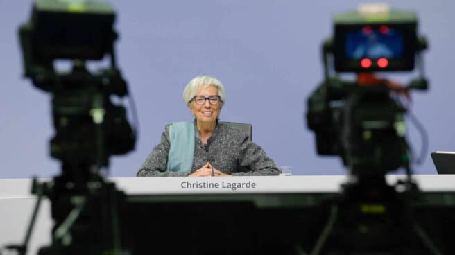 La presidenta del BCE, Christine Lagarde, en una rueda de prensa.