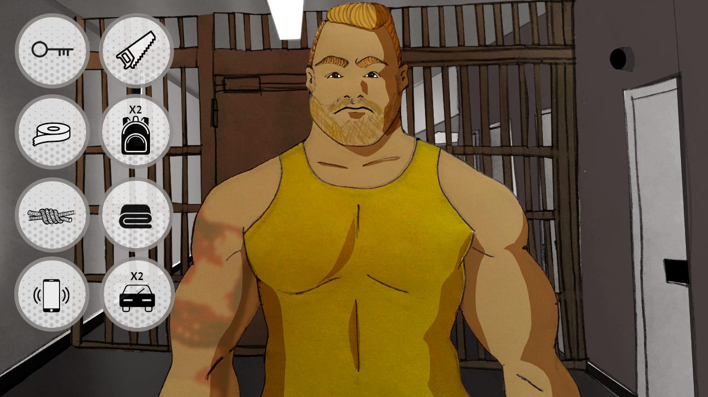 Imagen de una caricatura de Jonathan Moñiz, el piojo, en la carcel de Valdemoro con los elementos que emplearos para la fuga