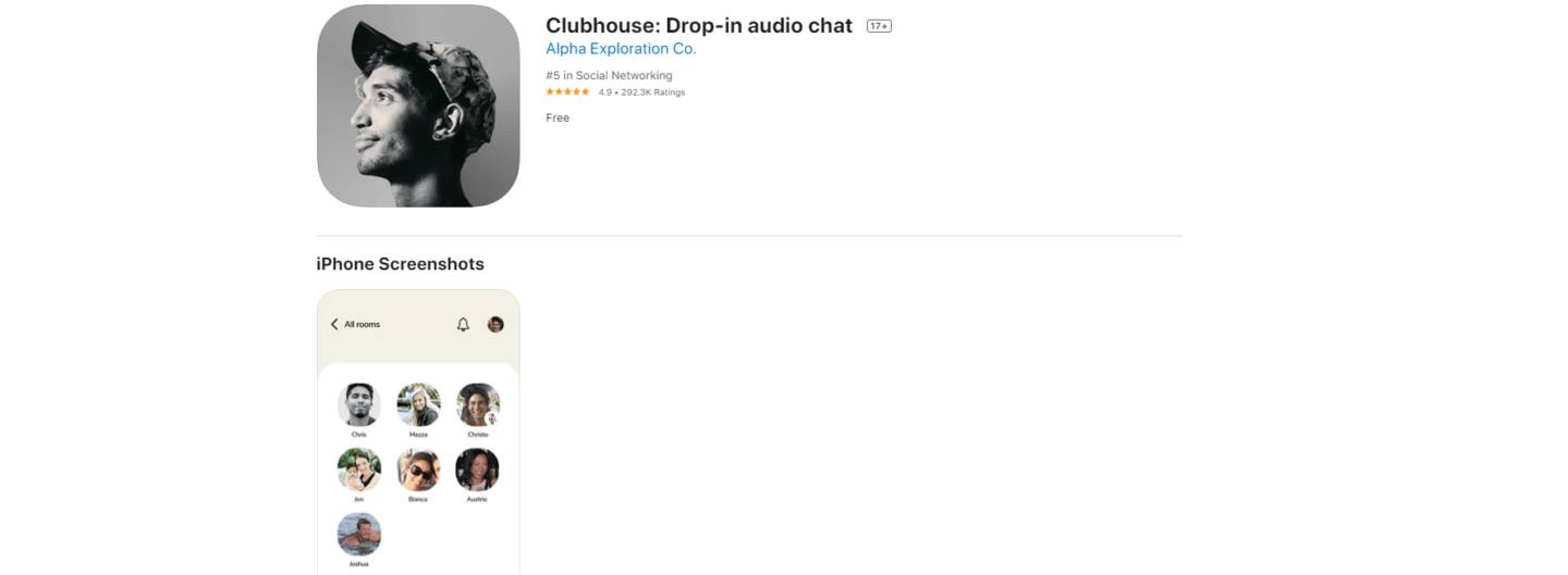 Captura de pantalla de la aplicación Clubhouse