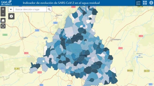 Mapa de análisis de riesgo en función de la presencia de coronavirus en las aguas residuales de Madrid.