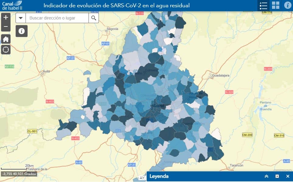 Mapa de análisis de riesgo en función de la presencia de coronavirus en las aguas residuales de Madrid.
