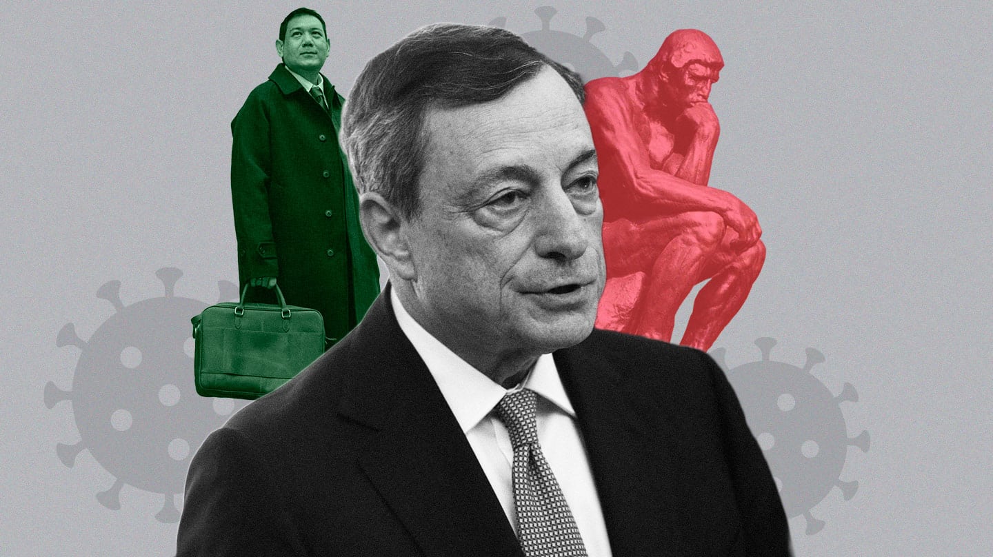 Imagen de Mario Draghi con dos supuestos tecnócratas, un pensador y un banquero para formar gobierno en Italia