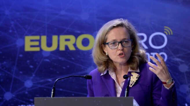 La vicepresidenta y ministra de Asuntos Económicos y Transformación Digital, Nadia Calviño, interviene en la inauguración de un foro de Vocento en Madrid.