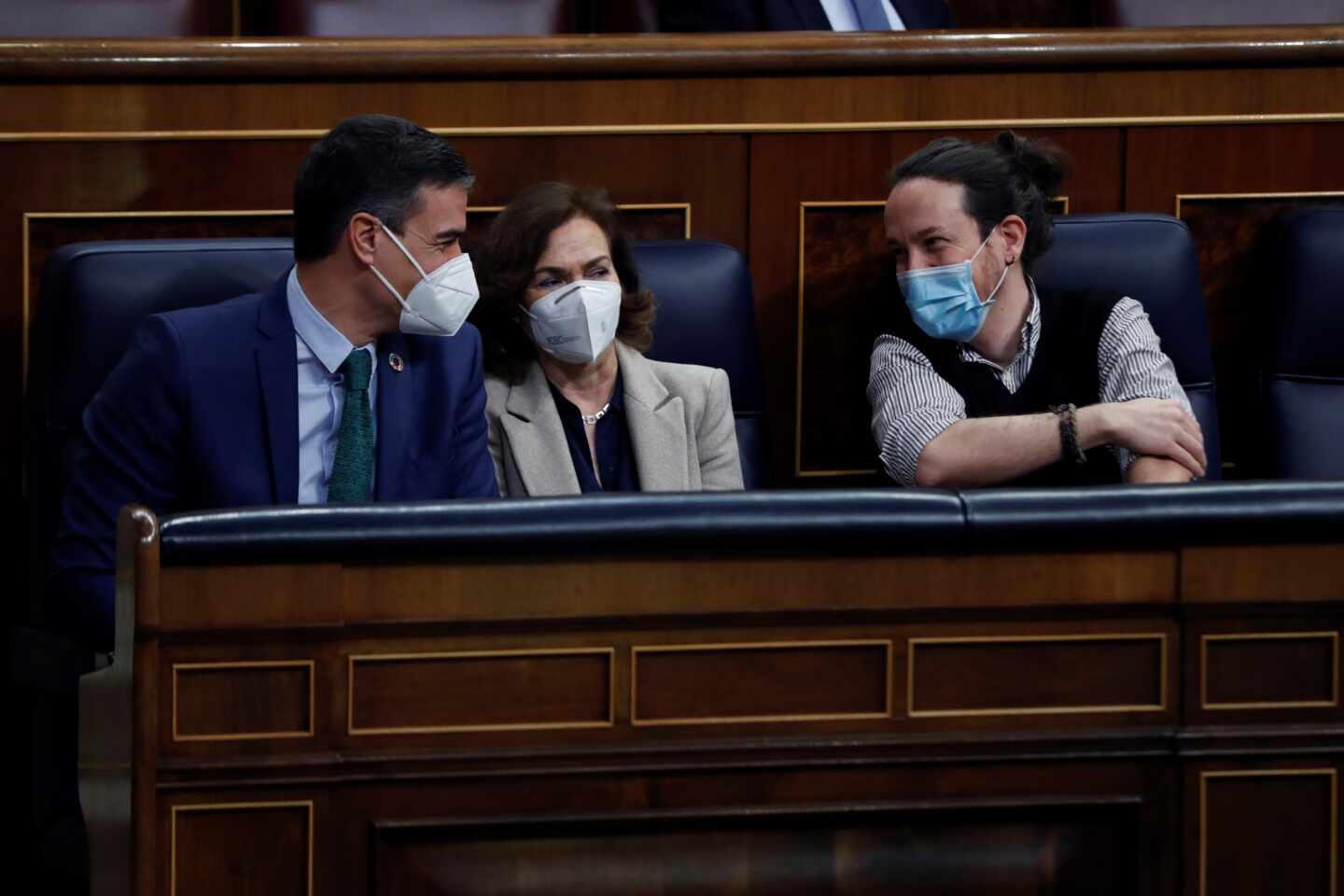 Sánchez, Calvo e Iglesias, en el Congreso.