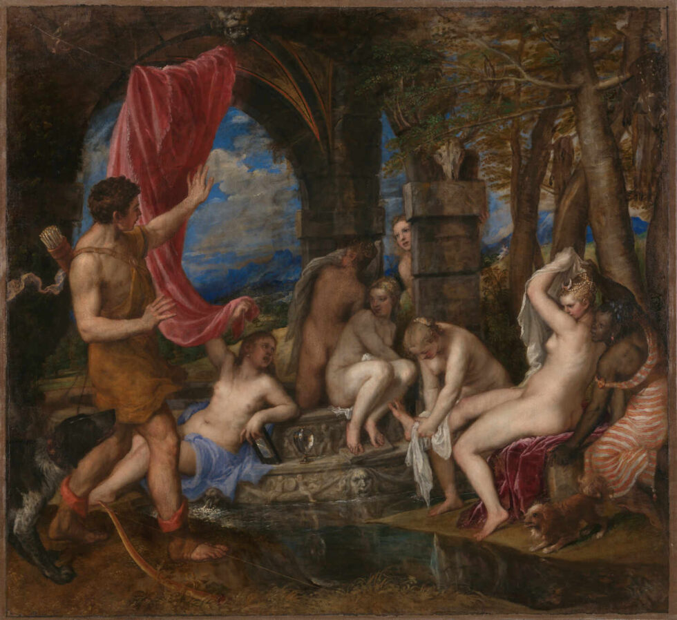 Diana y Acteón Tiziano. Obra sobre lienzo.