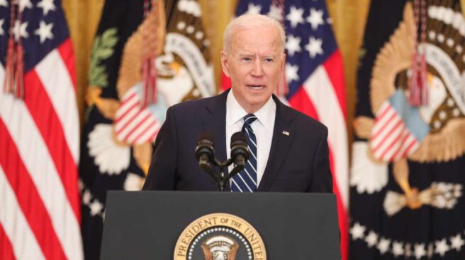 Joe Biden, en la Sala Este de la Casa Blanca, en su primera rueda de prensa