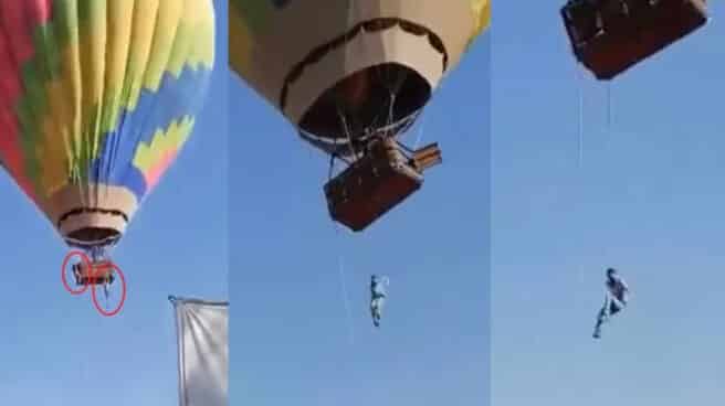 Imágenes de un hombre colgando de un globo