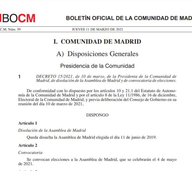 El Boletín Oficial de la Comunidad de Madrid publica el decreto de convocatoria de elecciones