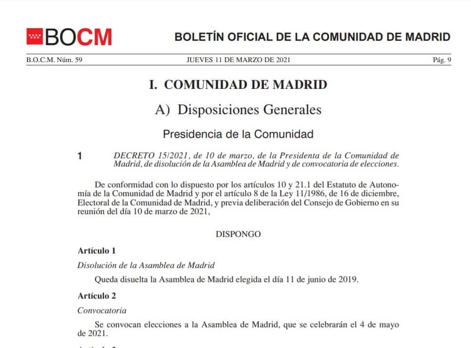 Decreto de convocatoria electoral y disolución de la Asamblea en el Boletín Oficial de la Comunidad de Madrid.