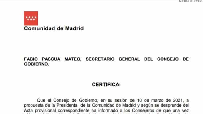 Decreto de disolución de la Asamblea de Madrid y automática convocatoria electoral.