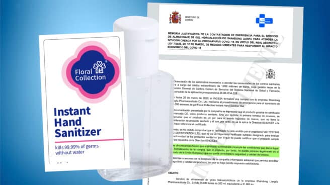 Imagen de la etiqueta del gel Instant Hand Sanitizer junto al documento de Sanidad de contratación.