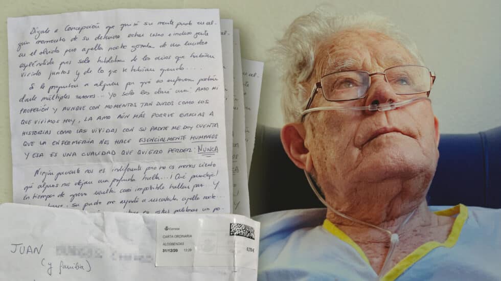 Carta de la enfermera anónima a la familia y foto de Gregorio en una hospitalización previa